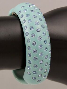 Vintage Weiss Clamper Bracelet Robin Egg Aqua Blue Plastic and Rhinestone 1950s